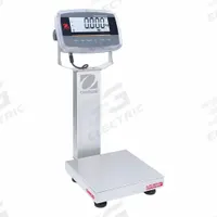 OHAUS Industrial Bench Scale: 10 in x 10 in, IP68/IP69K, Column-Mounted, Stainless Steel (MPN D61PW12WQS6). Key specifications — Connection Ports: Infrared Communication Kit; Readability: 0.001 lb/0.5 g; Brand: OHAUS; Weighing Surface Material: Stainless Steel.