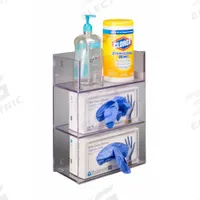 Glove Box Holder: 5 7/8 in Overall Wd, 16 in Overall Ht, 11 3/4 in Overall Lg, PETG, Clear, Wall (MPN GB2BIN-W). Key specifications — Material: PETG; Mounting Location: Wall; Color: Clear; Product Type: Two Glove Box Holder; Total Holding Capacity: (2) Glove Boxes; Brand: POLTEX.