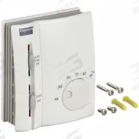 DAYTON Low Voltage Thermostat: Cool Only, C/G/RC/Terminal Designations, Auto-On, On-Off, Vertical (MPN 1UHE7). Key specifications — Application: Cool Only; Voltage: 24V AC; Terminal Designations: Y; System Settings: On-Off; Temperature Control Range: 40° to 90°F; Shape: Rectangle; Brand: DAYTON; Control Type: Exposed Dial.