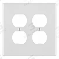 LEVITON Wall Plate: Duplex Outlet, 2 Gang, White, Midsize Size (MPN PJ82-W). Key specifications — Brand: LEVITON; Material: Nylon.