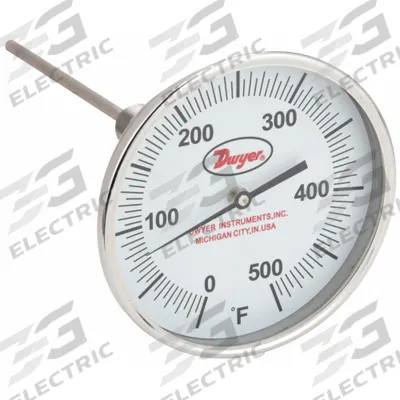 Dwyer Glow-in-the-Dark Dial Thermometer: 0°F to 500°F, +/- 1% Accuracy, 5 in Dial Dia - Adjustable-Angle Glow-in-the-Dark Thread-Mount Dial Thermometers