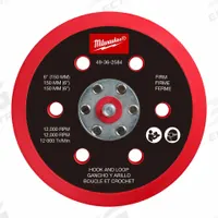 MILWAUKEE Disc Backup Pad: 6 in Wd, Round, Hook and Loop, Hard, For 2585-20, 6 Vacuum Holes (MPN 49-36-2584). Key specifications — attr667743: Disc Backup Pad; attr667724: Round; attr667738: 6; attr667733: Polyurethane; attr667729: 2585-20; attr667721: 49-36-2584; attr667725: MILWAUKEE.