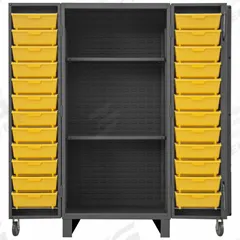 DURHAM MFG Bin Cabinet: 36 in x 36 in 78 in, 2 Shelves, 36 Bins, Yellow, Deep Box, 12 ga Panel, Gray (MPN HDC36-24DC24TB2S95). Key specifications — Bin Color: Yellow; Bin HxWxD: (12) 8 in x 15 in x 7 in; Assembled: Assembled; Cabinet Style: Shelf and Bin; Brand: DURHAM MFG; Cabinet Color: Gray; Cabinet Finish: Powder Coated; Cabinet Material: Steel.