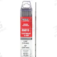 LINCOLN ELECTRIC Stick Electrode: Carbon Steel, E6013, 1/16 in x 10 in, 1.1 lb, Fleetweld 37 (MPN ED029897). Key specifications — Brand: LINCOLN ELECTRIC; Tensile Strength (As Welded): 67 to 75 ksi; Yield Strength (As Welded): 58 to 64 ksi.