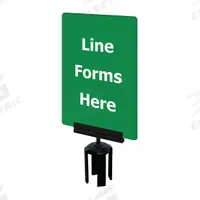 TENSABARRIER Acrylic Sign: Green, Line Forms Here Message, 11 in Overall Lg, 7 in Overall Wd (MPN S17-P-28-7X11-V-HDSB-1701-33). Key specifications — Brand: TENSABARRIER; Color: Green; Includes: Mounting Adapter; Message: Line Forms Here; For Use With: Tensabarrier Posts; Material: Acrylic.