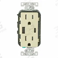 USB Receptacle: Duplex, 5-15R, USB Type A/C, Ivory, 125V AC, 15 A (MPN T5633-I). Key specifications — Brand: LEVITON.