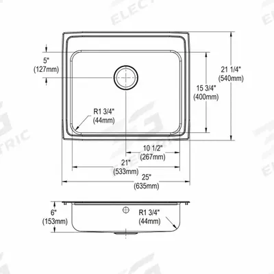 JUST MANUFACTURING Bowl Drop-In Sink: 25 in Overall Lg, 21 1/4 in Overall Wd, 6 in Bowl Dp - One-Bowl Counter-Mounted Kitchen & Bar Sinks without Faucets