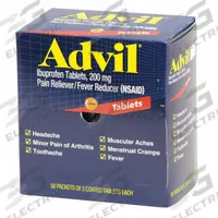 ADVIL Pain Relief: Ibuprofen, 200 mg, 50 Individual Doses, Tablet (MPN 40933). Key specifications — Purpose: Pain Relief; Strength: Regular Strength; Manufacturer Part Number: 40933; Brand: ADVIL; Flavor: Unflavored; Dose Package Type: Packets; Exterior Package Type: Box; Format: Tablet.
