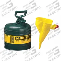 JUSTRITE Type I Safety Can: For Use With Oil, 2 gal Capacity, Includes Funnel, Powder Coated Steel (MPN 7120410). Key specifications — Brand: JUSTRITE.