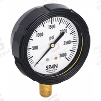 SPAN Pressure Gauge with Internal Seal: 0 psi to 3,000 psi, LFS-210, 2 1/2 in Dial, Buna-N, Brass, 4 (MPN LFS-210-3000-G-KEMX). Key specifications — Brand: SPAN; Gauge Case Liquid: Glycerin; Seal Fill Liquid: Instrument Oil; Seal Lower Housing Material: Brass; Accuracy: ±1.00%; Gauge Wetted Parts: Brass / Copper.
