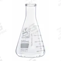 GLOBE SCIENTIFIC Erlenmeyer Flask: 500 mL, Colorless, Conical, A, 7 Compatible with Stopper Size (MPN 8400500). Key specifications — Shape: Conical; Body Color: Colorless; Brand: GLOBE SCIENTIFIC; Compatible with Stopper Size: 7; USP Specification: Type I.