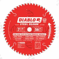 DIABLO Circular Saw Blade: 7 1/4 in Blade Dia., 56 Teeth, 0.1 in Cut Wd, 5/8 in Arbor Size, Carbide (MPN D0756F). Key specifications — attr1116119: DIABLO; attr1145631: Steel.