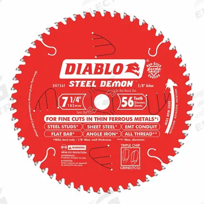 DIABLO Circular Saw Blade: 7 1/4 in Blade Dia., 56 Teeth, 0.1 in Cut Wd, 5/8 in Arbor Size - Steel & General Metal-Cutting Blades