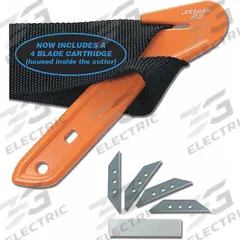EMI Seat Belt Cutter: 6 7/8 in L x 2 in W x 3/8 in H, Material Plastic/Stainless Steel, Reusable (MPN 4002). Key specifications — Brand: EMI; Color: Orange; Includes: O2 Wrench; Disposability: Reusable; Product Type: Seat Belt Cutter; Material: Stainless Steel.