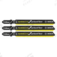BOSCH Jigsaw Blade: 12, 3 5/8 in Blade Lg, Carbide, Carbide, T Shank, 1 Pieces, Solid Stock, 3 PK (MPN T108BHM3). Key specifications — attr1097716: Solid Stock; attr1097715: Carbide; attr1097719: 12; attr1097721: Carbide; attr1097728: BOSCH.