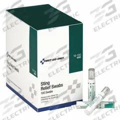FIRST AID ONLY Bite/Sting Relief: Ethyl Alcohol/Lidocaine HCl, Swab, Packets, 0.18 oz Size, 100 PK (MPN 19-100). Key specifications — Purpose: Scrapes; Unit Package Type: Packets; Unitized: Unitized; Concentration: Lidocaine HCl 2%; Manufacturer Part Number: 19-100; Alcohol Content: Contains Alcohol; Active Ingredient: Ethyl Alcohol; Brand: FIRST AID ONLY.