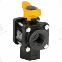 BANJO Manual Three-Way Ball Valve: 1 in, Polypropylene, L Flow, FNPT x FNPT x FNPT, Three-Piece (MPN V100BL). Key specifications — Brand: BANJO; Handle: Lever.