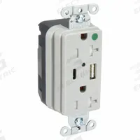 Snapconnect receptacle: Duplex, 5-20R, 2 USB Ports, USB Type A/C, Gray, 125V AC, 20 A (MPN SNAP8300UACGY). Key specifications — Brand: HUBBELL.