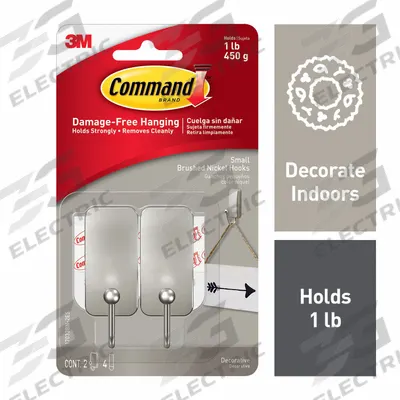 COMMAND Hook: 1 lb Wt Capacity, 1 Points per Hook, Nickel, 2 19/32 in Overall Ht - Indoor Decorative & Utility Adhesive-Backed Hooks