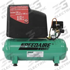 SPEEDAIRE Portable Air Compressor: Oil Free, 3 gal, Hot Dog, 0.75 hp, 2.6 cfm @ 90 psi, 120V AC (MPN 45PL19). Key specifications — attr48686: Oil Free; attr48685: 120V AC; attr48678: 12 A; attr48671: SPEEDAIRE; attr124308: Standard (75 dBA or more).