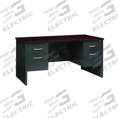 HIRSH Office Desk: Particle Board, Charcoal/Mahogany, 2 Pedestals, 4 Drawers - Pedestal Desks