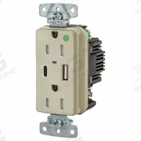 USB Receptacle: Duplex, 5-15R, 2 USB Ports, USB Type A/C, Ivory, 125V AC, 15 A (MPN USB8200ACPDI). Key specifications — Brand: HUBBELL.