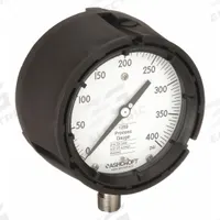 ASHCROFT Process Pressure Gauge: 0 psi to 400 psi, White, 4 1/2 in Dial, 1/2 in NPT Male, Bottom (MPN 451259SD04L400#). Key specifications — Brand: ASHCROFT; Pointer Color: Black; Accuracy: ±0.5%; Dial Color: White; Gauge Wetted Parts: Stainless Steel; Case Material: PBT; Vibration Resistance Properties: None; Pressure Range: 0 psi to 400 psi.