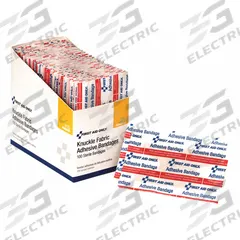FIRST AID ONLY Adhesive Bandage: Knuckle Bandages, 1 1/2 in Wd, 3 in Lg, Not Metal Detectable (MPN H125). Key specifications — Product Type: Knuckle Bandages; Unitized: Unitized; Water Resistance: Not Water Resistant; Brand: FIRST AID ONLY; Latex Content: Latex Free; Metal Detectable: Not Metal Detectable; Package Type: Box; Manufacturer Part Number: H125.