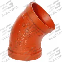GRUVLOK Metal Pipe Elbow: 45° Elbow, 1 1/2 in x 1 1/2 in, Ductile Iron, 300 psi @ 150° F (MPN 0390014744). Key specifications — Brand: GRUVLOK; Maximum Operating Pressure: 300 psi @ 150° F; Fitting Pipe Size: 1-1/2 in x 1-1/2 in.