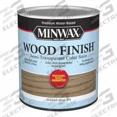 MINWAX Wood Stain: Wood Stain, Interior, Water, 1 qt Container Size, Wood, Classic Gray, Wood Finish (MPN 108200000). Key specifications — Brand: MINWAX; Transparency: Semi-Transparent; Use Location: Interior; Sub-Brand: Wood Finish; Color: Classic Gray.