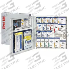 FIRST AID ONLY First Aid Kit and Housing: 203 Components, ANSI/ISEA Z308.1-2021, Type I/II, Class A (MPN 746004-021). Key specifications — ANSI Standard Met: ANSI/ISEA Z308.1-2021; Adhesive Bandages Included: (50) Bandages; Oral and Inhalant Medicinals Included: No Oral/Inhalant Medicinals; Topical Medicinals Included: (10) Burn Cream Packets; Wound Dressings Included: Triangular Bandage; Unitized: Unitized.