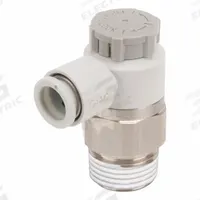 SMC Speed Control Valve: Elbow Fitting, Screw, 3/8 in Valve Body Size, 12 mm Push to Connect Tube (MPN AS3201F-03-12S). Key specifications — attr947203: Brass/PBT; attr947205: SMC.