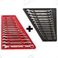 MILWAUKEE Combination Wrench Set: Alloy Steel, Chrome, 30 Tools, 15° Head Offset Angle, Std, Tray (MPN 48-22-9415, 48-22-9515). Key specifications — attr309520: Chrome; attr309519: Alloy Steel; attr324929: MILWAUKEE; attr309512: Tray; attr309522: No; attr309533: Yes.