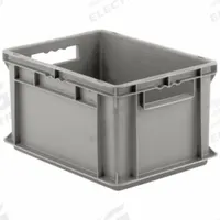 SSI SCHAEFER Straight Wall Tote: 5.3 gal, 15 3/4 in x 11 7/8 in x 8 3/4 in, Stacking Capable, Gray (MPN EF4220.GY1). Key specifications — Material: Plastic; Stackable: Stacking Capable; Brand: SSI SCHAEFER.