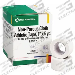 FIRST AID ONLY Athletic Tape: White, 5 yd Roll Lg, 1 in Tape Wd, Standalone, 10 PK (MPN H638). Key specifications — Unitized: Bulk; Brand: FIRST AID ONLY; Manufacturer Part Number: H638; Elasticity: Non-Elastic; Sterility: Non-Sterile; Adhesiveness: Adhesive; Latex Content: Latex Free; Standards: ANSI/ISEA Z308.1-2015.