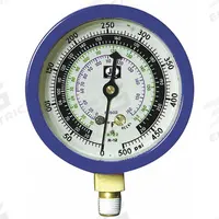 JB INDUSTRIES Low Side Gauge: Low Side Gauge, -14.7 psi to 500 psi, Liquid Filled, 3 1/8 in Dia (MPN M2-890). Key specifications — Brand: JB INDUSTRIES; Accuracy: ± 1%; Color: Blue; Calibration Certificate Type: Not Certified; For Refrigerant Type: R-410A.