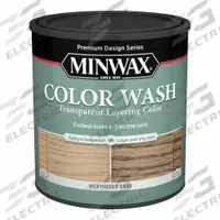 MINWAX Wood Stain: Wood Stain, Interior, Water, 1 qt Container Size, Wood, Weathered Gray (MPN 400140000). Key specifications — Brand: MINWAX; Transparency: Transparent; Use Location: Interior; Sub-Brand: Color Wash; Color: Weathered Gray.