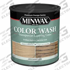 MINWAX Wood Stain: Wood Stain, Interior, Water, 1 qt Container Size, Wood, Weathered Gray (MPN 400140000). Key specifications — Brand: MINWAX; Transparency: Transparent; Use Location: Interior; Sub-Brand: Color Wash; Color: Weathered Gray.