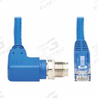 EATON TRIPP LITE Ethernet Cable: 3.3 ft Lg, X Coding, M12 Male Right Angle x RJ45 Male Straight, PVC (MPN NM12-604-01M-BL). Key specifications — Brand: EATON TRIPP LITE; Cable Jacket Color: Blue; End 1 Coding: X; IP Rating: IP68; Performance Category: Cat6; Power over Ethernet (PoE): PoE++.