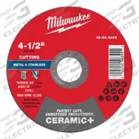 MILWAUKEE Cut-Off Wheel: Type 1, 4 1/2" x 0.045" x 7/8", Ceramic, 46 Grit (MPN 49-94-0203). Key specifications — Brand: MILWAUKEE.