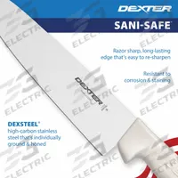 DEXTER RUSSELL Chef/Utility Knife: Curved, 13 in Overall Lg, Steel Blade, White Handle, White (MPN 12443). Key specifications — Sub-brand: Sani-Safe; Brand: DEXTER RUSSELL; Blade Material: Steel; Blade Type: Curved; Handle Color: White; Handle Material: Sanitary Polypropylene; Knife Type: Chef's Knife; NSF Certified: Yes.