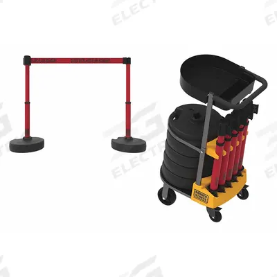 BANNER STAKES Belt Barrier System: 42 in Post Ht, 15 ft Belt Lg, Red, 5 No. of Posts - Mobile Retractable Belt Barrier Systems
