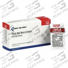 FIRST AID ONLY Topical Burn Cream: Benzalkonium Chloride/Lidocaine HCl, 0.03 oz Size, 25 PK (MPN G343). Key specifications — Manufacturer Part Number: G343; Concentration: Benzalkonium Chloride: 0.13%; Brand: FIRST AID ONLY; Purpose: Abrasions; Format: Cream; Product Type: Topical Burn Relief; Unitized: Unitized; Unit Package Type: Packets.