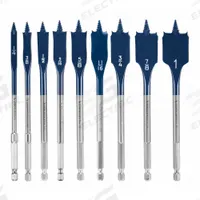 BOSCH Spade Drill Bit Set: 1 in Overall Lg, Bright (Uncoated), 1/4 in Shank Hex Size, 9 Drill Bits (MPN DSB5009). Key specifications — attr277223: BOSCH; attr255674: Bright (Uncoated); attr255683: Carbon Steel.