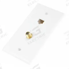 MONOPRICE Audio/Video Wall Plate: 1 Gang, 1 Port, With F-Type, White (MPN 7838). Key specifications — Brand: MONOPRICE; Material: Plastic; Color: White; Compatible Connector Type: F-Type; Outlet Orientation: Vertical; Module Style: Flat.