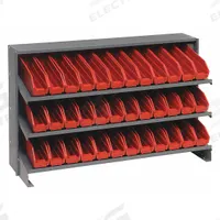 QUANTUM STORAGE SYSTEMS Bench Pick Rack: 36 in x 12 in x 21 in, 1 Usable Sides, 3 Shelves, 36 Bins (MPN QPRHA-100RD). Key specifications — Bin HxWxD: (36) 4 in x 2-3/4 in x 11-5/8 in; Frame Material: Steel; Frame Color: Gray; Bin Color: Red; Brand: QUANTUM STORAGE SYSTEMS.