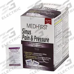 MEDI-FIRST Sinus and Allergy Reliever: Acetaminophen/Phenylephrine HCl, 125 Individual Doses, 250 PK (MPN 81948). Key specifications — Format: Tablet; Strength: Regular Strength; Manufacturer Part Number: 81948; Brand: MEDI-FIRST; Purpose: Nasal Decongestant; Unit Dose: Acetaminophen: 500 mg; Active Ingredient: Phenylephrine HCl; Dose Package Type: Packets.