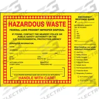 ACCUFORM DOT Handling Label: 8 in x 6 in, 8 in Label Wd, 6 in Label Ht, Vinyl, Label, 25 PK (MPN MHZW27EVP). Key specifications — Message: Federal Laws Prohibit Improper Disposal If Found, Contact The Nearest Police or Public Safety Authority or The U.S. Environmental Protection Agency, Generator Information:; Handle With Care; Emergency Response Guide; Background Color: Yellow; Brand: ACCUFORM.