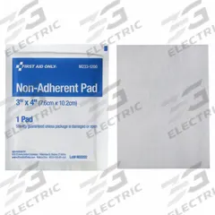 FIRST AID ONLY Non-Stick Pad: 4 in Dressing Lg, 3 in Dressing Wd, Cotton, Sterile, 50 PK (MPN I256). Key specifications — Water Resistance: Not Water Resistant; Self-Adhesion: Not Self-Adhering; Unitized: Unitized; Standards: ANSI/ISEA Z308.1-2015; Manufacturer Part Number: I256; Package Type: Box; Product Type: Non-Adherent Pad; Sterility: Sterile.