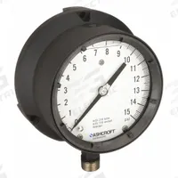 ASHCROFT Process Pressure Gauge: 0 psi to 15 psi, White, 4 1/2 in Dial, 1/2 in NPT Male, Bottom, 4X (MPN 451379SSL04L15#). Key specifications — Brand: ASHCROFT; Pointer Color: Black; Accuracy: ±0.5%; Dial Color: White; Gauge Wetted Parts: Stainless Steel; Case Material: Epoxy-Coated Aluminum; Vibration Resistance Properties: Liquid-Filled; Pressure Range: 0 psi to 15 psi.